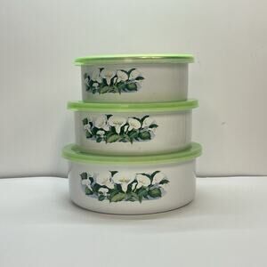 vintage nesting storage containers porcelain enamel floral 80s green white as is